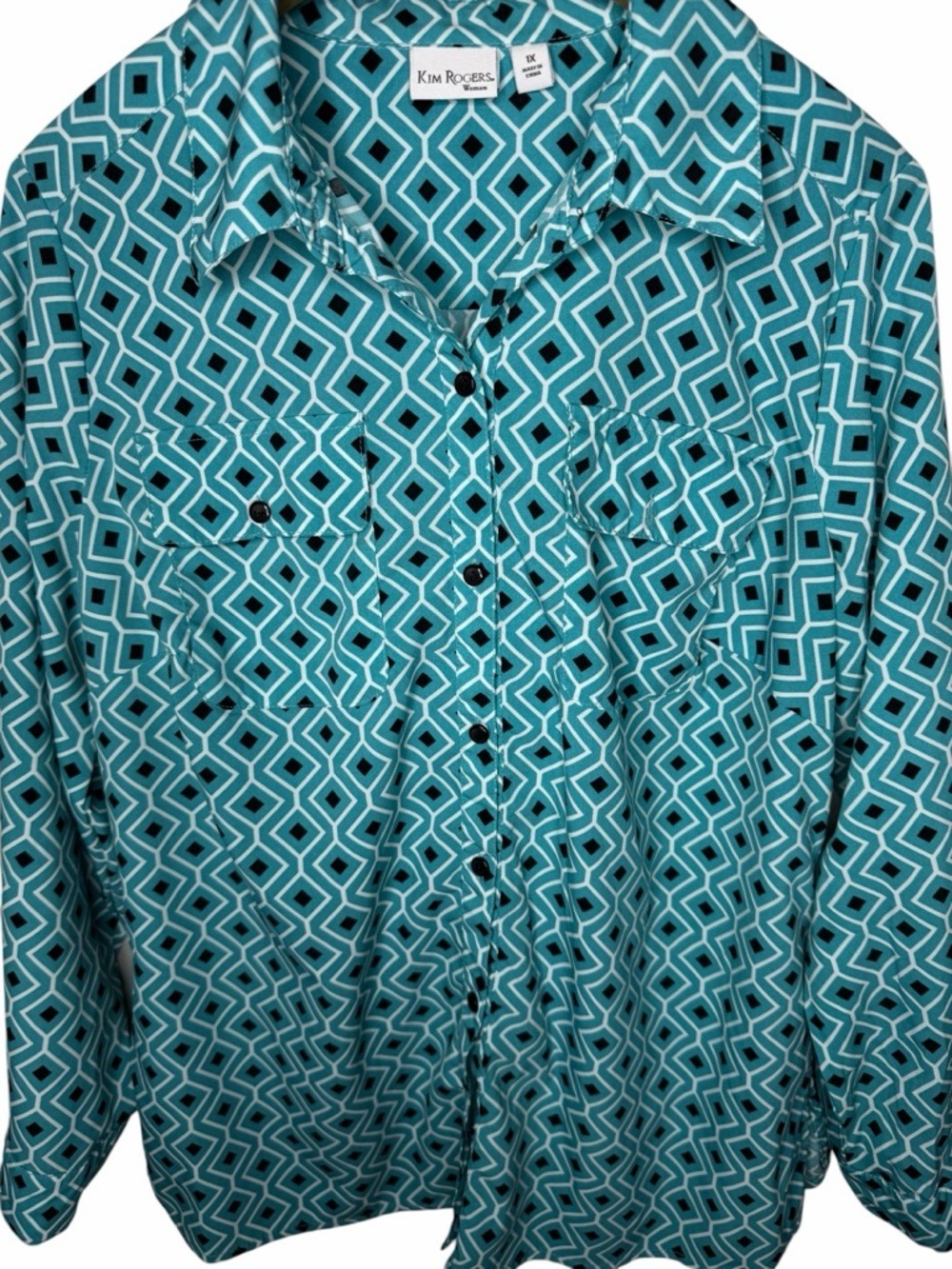 Kim Rogers Women 1X Teal Geometric Print Button Front Stretch Blouse Top - Picture 3 of 4